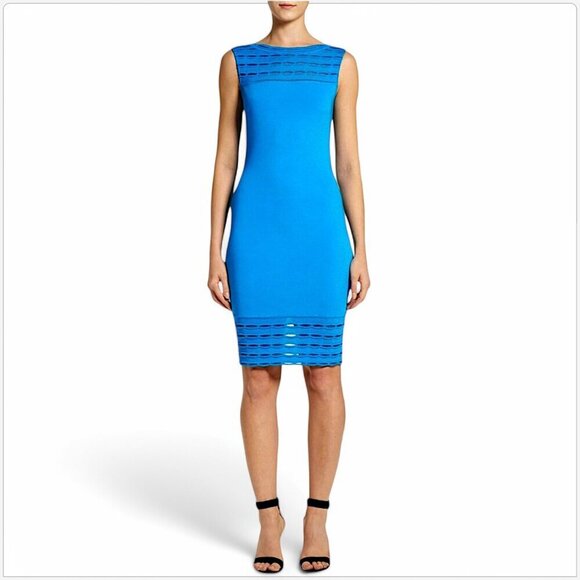 St. John Cyan Blue Makena Knit Sleeveless Sheath Pointelle Trim Dress NWT NEW 8 - Picture 1 of 8
